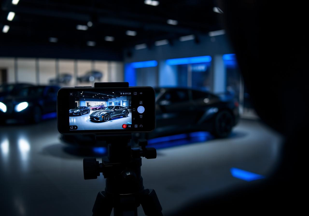 Smartphone op tripod filmt een auto in een showroom