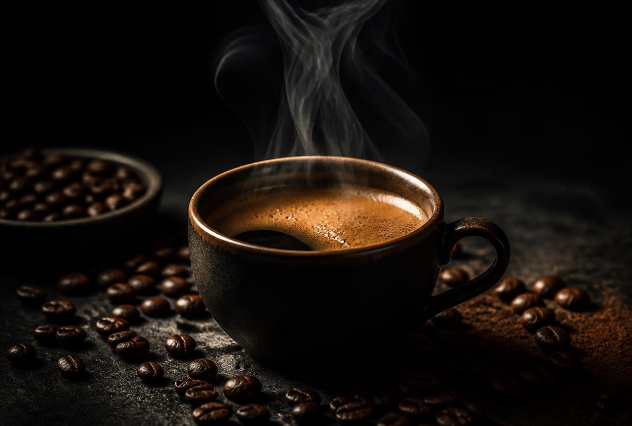 Espresso die in een kopje wordt geschonken in een donkere setting