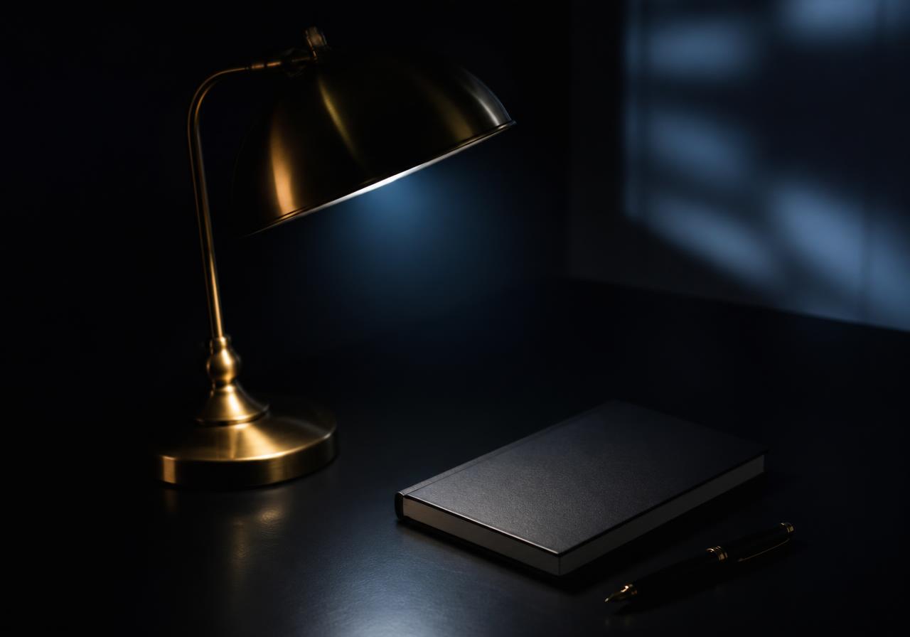 Donker, professioneel advieskantoor met blauw accentlicht